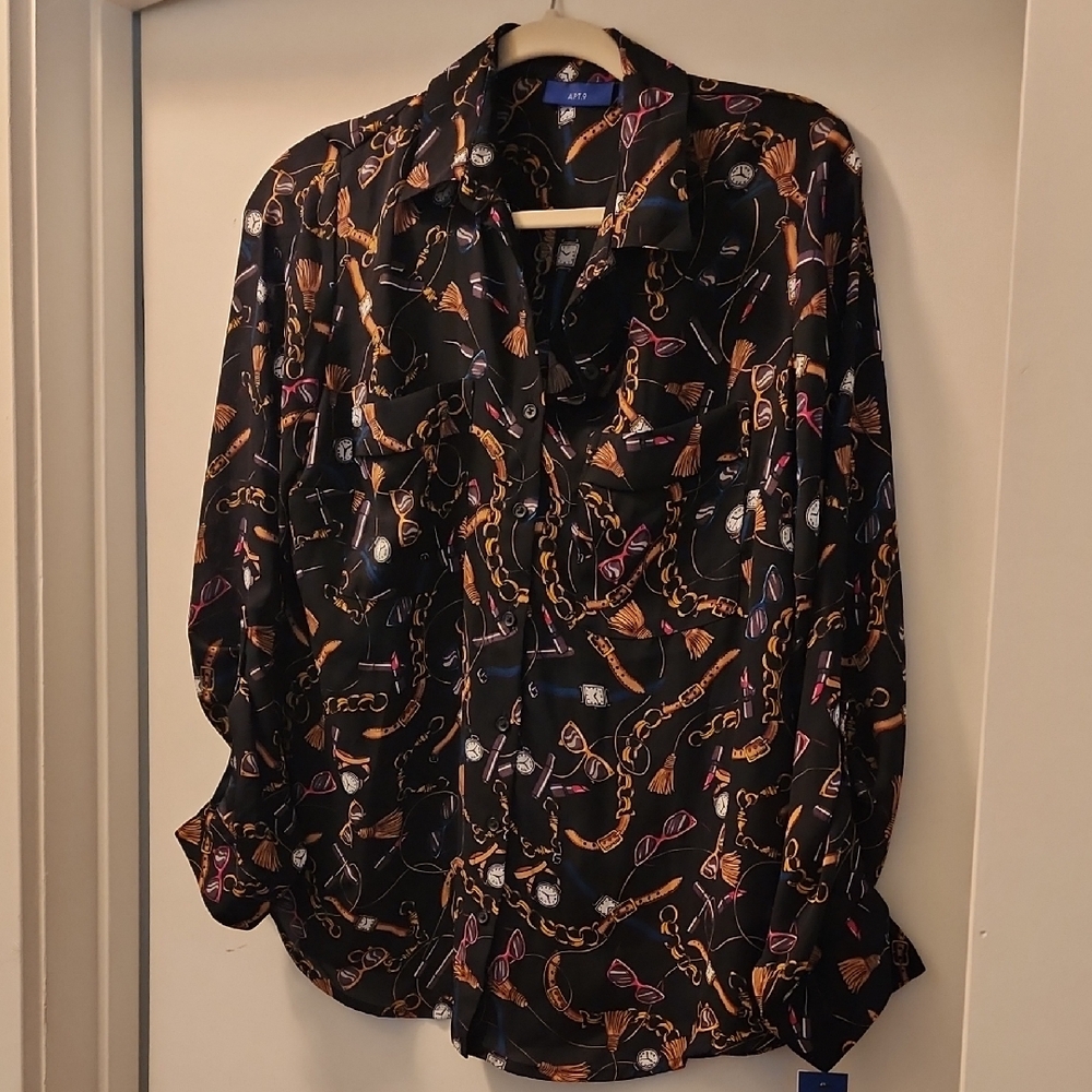Black Multicolor Patterned Button Down Shirt